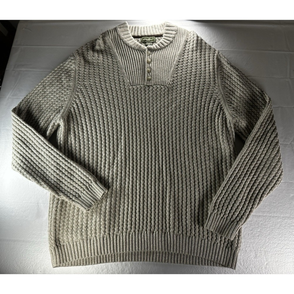 VTG 1990s Eddie Bauer Ribbed Henley Sweater Mens 2XL Beige Made In Hong Kong